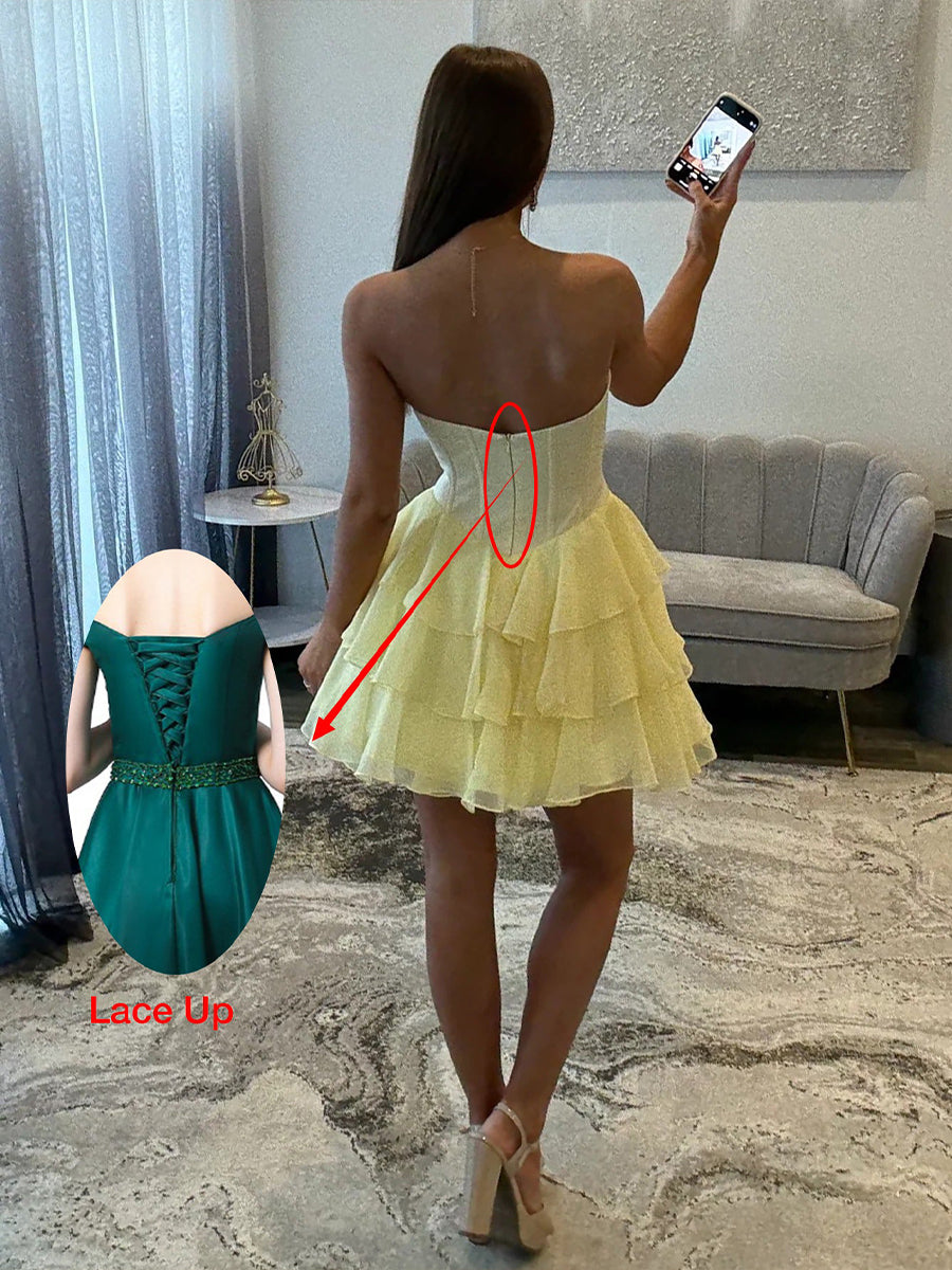 Yellow Strapless Sheer Bodice Tiered Short Homecoming Dress with Crystal