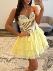 Yellow Strapless Sheer Bodice Tiered Short Homecoming Dress with Crystal
