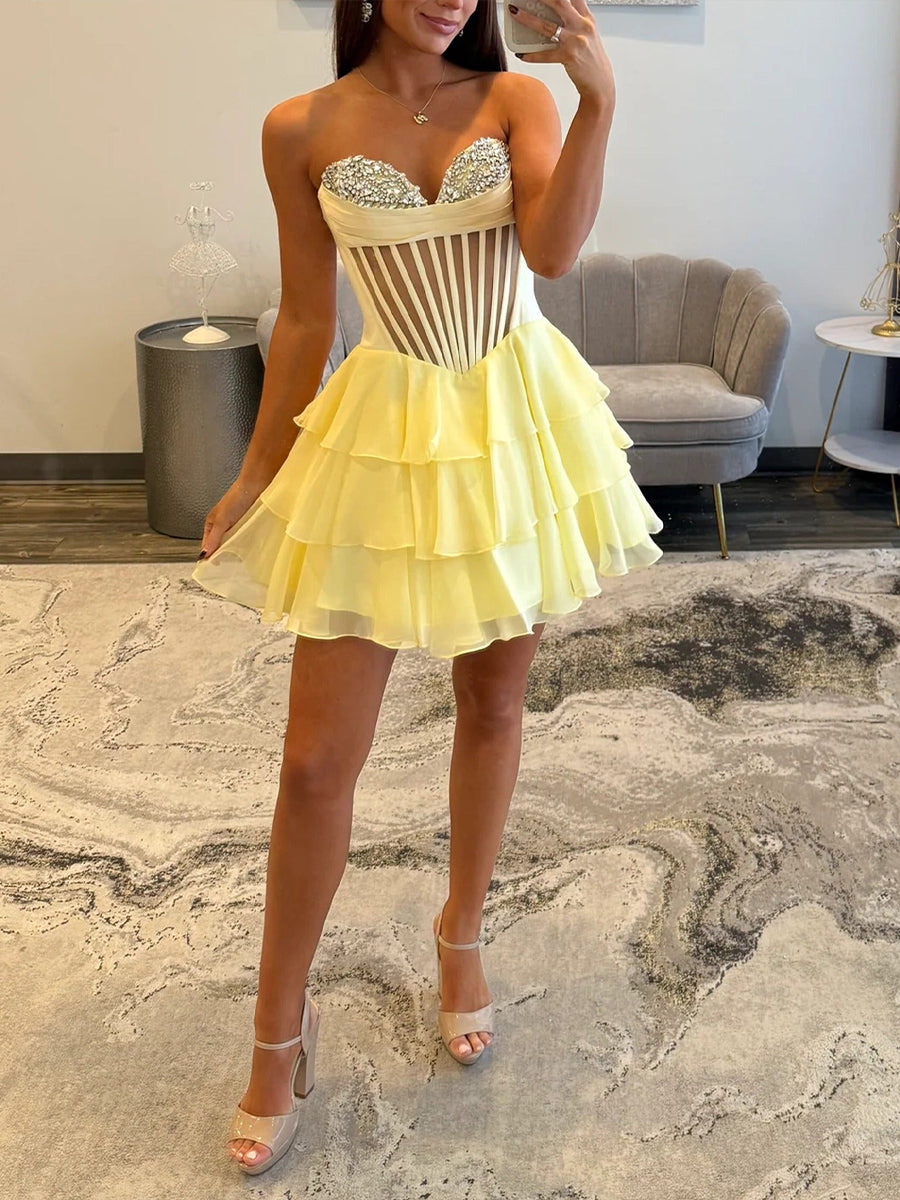 Yellow Strapless Sheer Bodice Tiered Short Homecoming Dress with Crystal