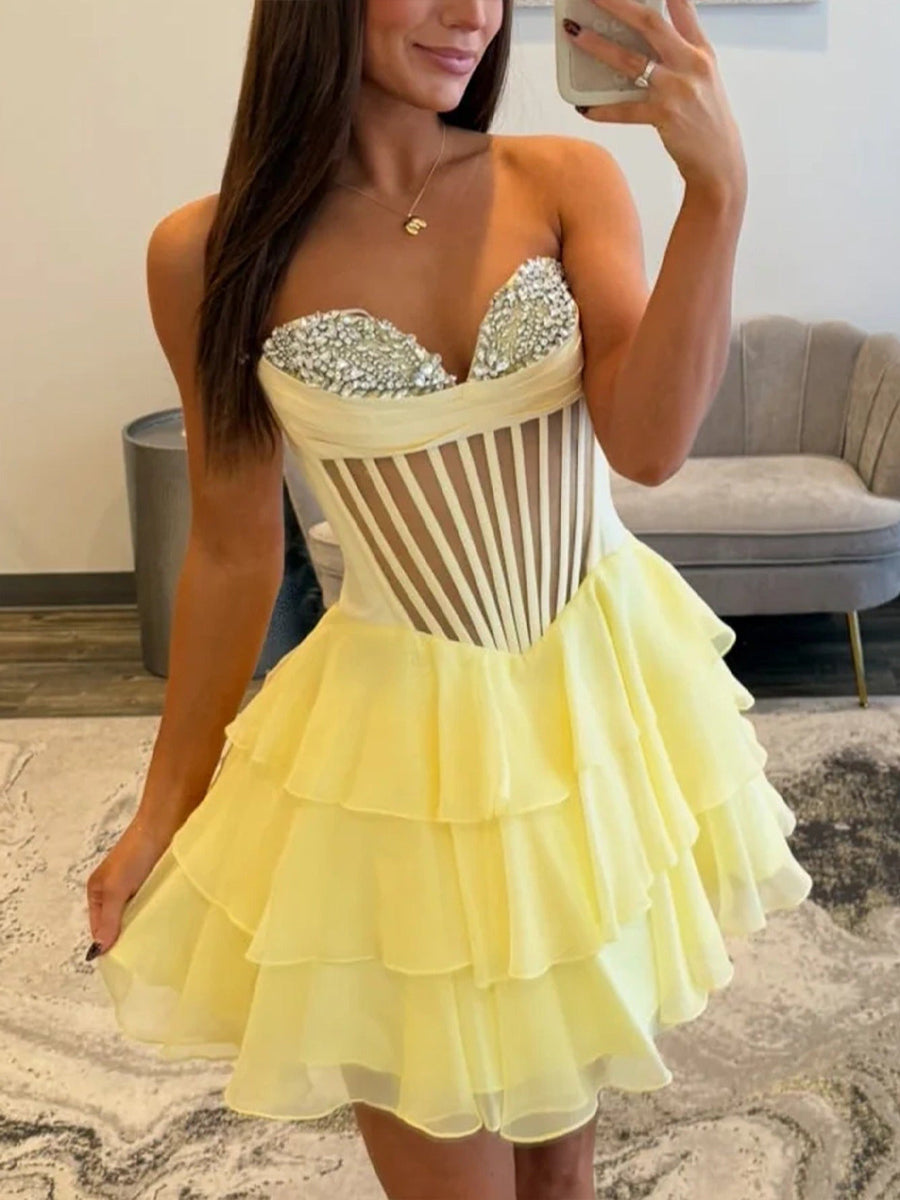 Yellow Strapless Sheer Bodice Tiered Short Homecoming Dress with Crystal