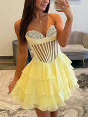 Yellow Strapless Sheer Bodice Tiered Short Homecoming Dress with Crystal