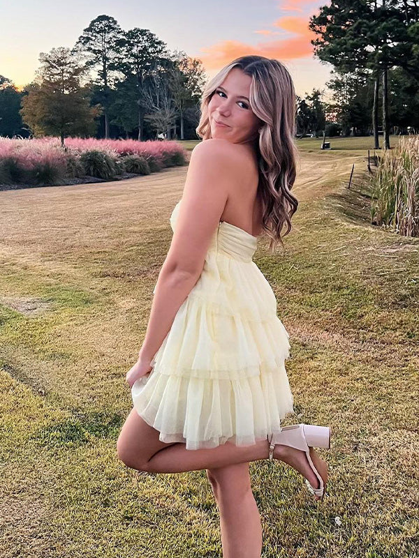 Yellow Strapless Short Ruffle Homecoming Party Dress