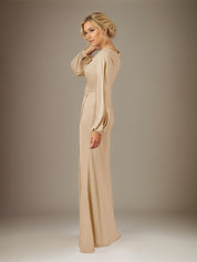 Champagne A Line Chiffon Round Neck Long Sleeves Floor Length Dress
