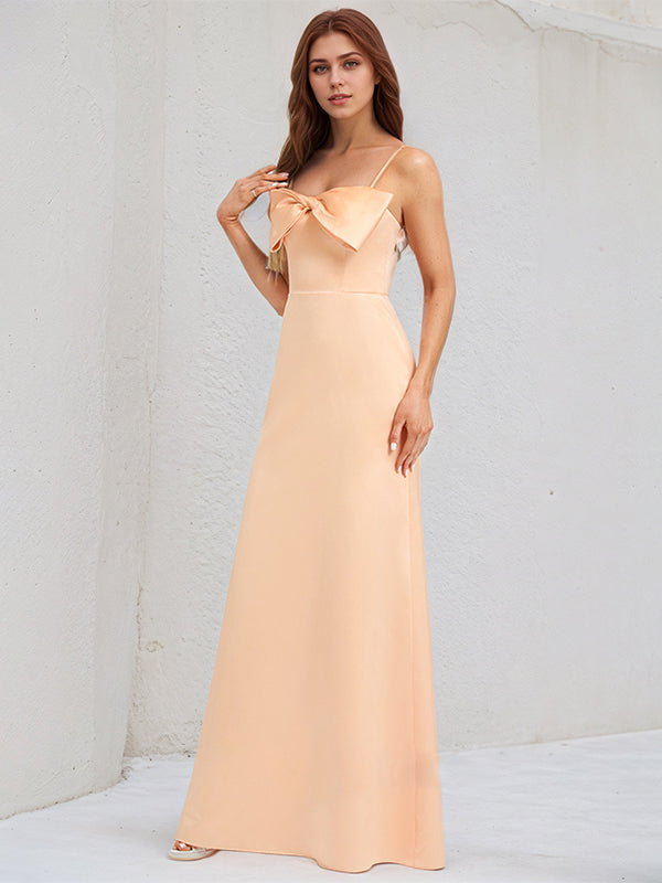A Line Peach Pink Satin Spaghetti Straps Sleeveless Floor Length Dress With Bow