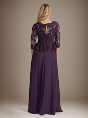 Plum A Line Chiffon Boat neck 3/4 Sleeves Floor Length Dress With Appliques
