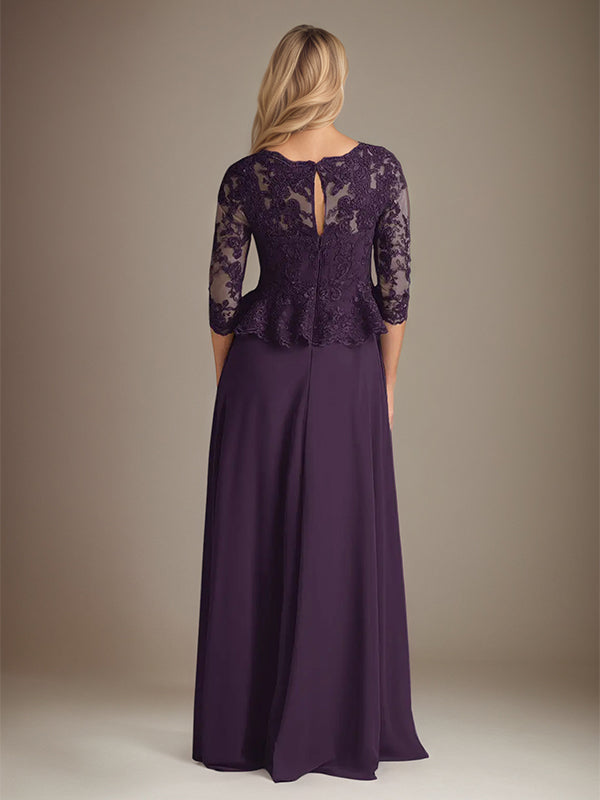 Plum A Line Chiffon Boat neck 3/4 Sleeves Floor Length Dress With Appliques