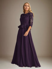 Plum A Line Chiffon Boat neck 3/4 Sleeves Floor Length Dress With Appliques