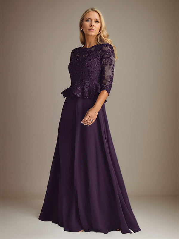 Plum A Line Chiffon Boat neck 3/4 Sleeves Floor Length Dress With Appliques