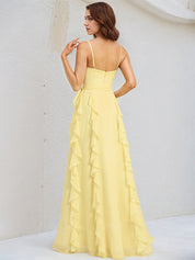 A Line Yellow Chiffon Spaghetti Straps Sleeveless Floor Length Dress With Ruffles