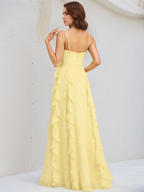 A Line Yellow Chiffon Spaghetti Straps Sleeveless Floor Length Dress With Ruffles