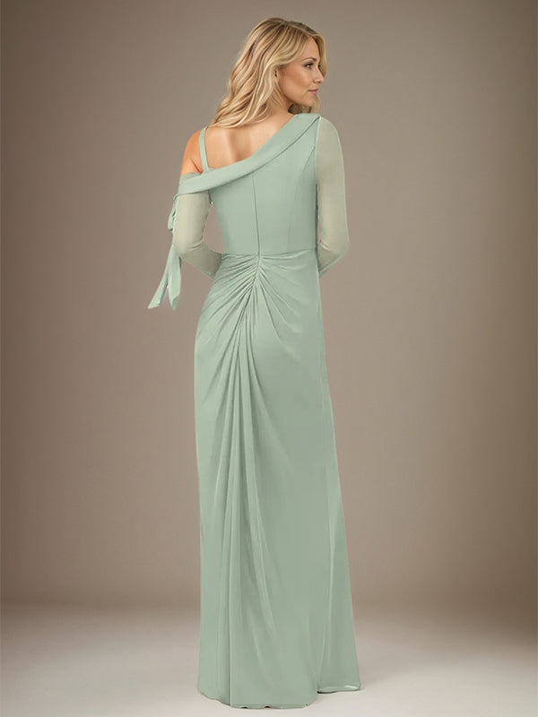 Sage Sheath/Column Chiffon One Shoulder Long Sleeves Floor Length Dress With Slit