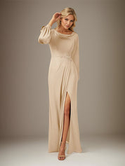 Champagne A Line Chiffon Round Neck Long Sleeves Floor Length Dress