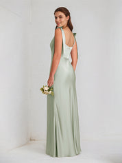 Sage Satin Spaghetti Straps Sleeveless Floor Length Dress With High Slit