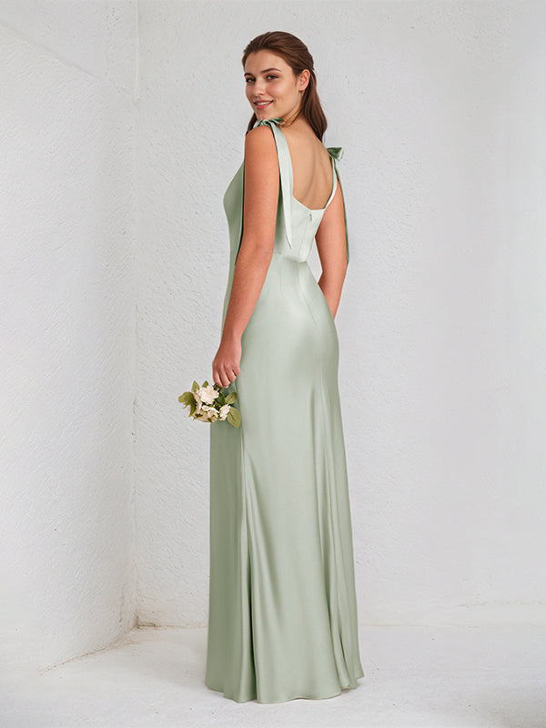 Sage Satin Spaghetti Straps Sleeveless Floor Length Dress With High Slit