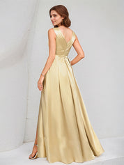 A Line Champagne Satin V Neck Sleeveless Floor Length Dress With High Slit