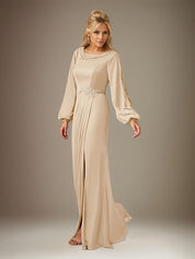 Champagne A Line Chiffon Round Neck Long Sleeves Floor Length Dress