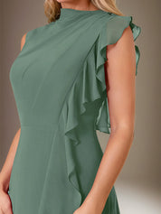Eucalyptus A Line Chiffon High Neck Sleeveless Floor Length Dress With Cascading Ruffles