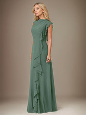 Eucalyptus A Line Chiffon High Neck Sleeveless Floor Length Dress With Cascading Ruffles