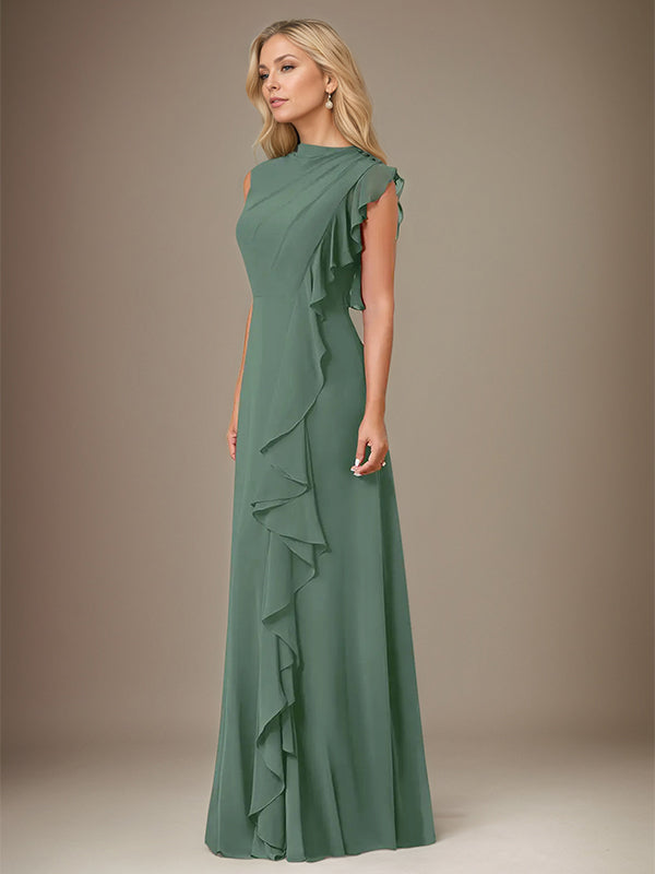Eucalyptus A Line Chiffon High Neck Sleeveless Floor Length Dress With Cascading Ruffles