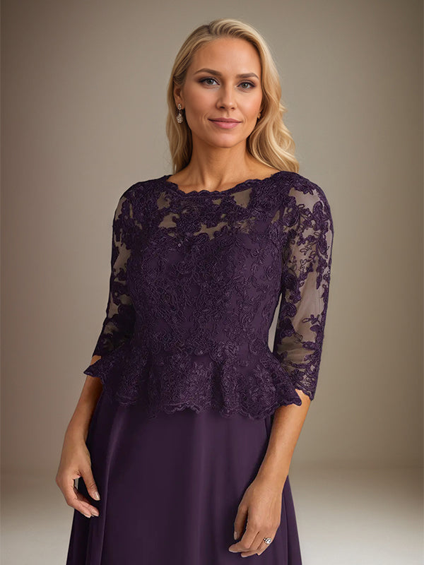 Plum A Line Chiffon Boat neck 3/4 Sleeves Floor Length Dress With Appliques