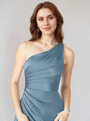 Steel Blue Satin One Shoulder Sleeveless Asymmetrical Length Dress With High Slit