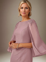 Mauve Sheath/Column Chiffon Bateau Neck Cape Sleeves Knee Length Dress