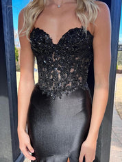 Navy Mermaid Sweetheart Lace Satin Long Prom Dress with Slit