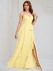 A Line Yellow Chiffon Spaghetti Straps Sleeveless Floor Length Dress With Ruffles