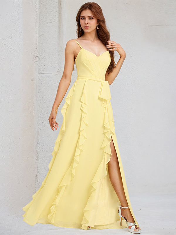 A Line Yellow Chiffon Spaghetti Straps Sleeveless Floor Length Dress With Ruffles
