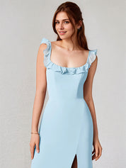 Sky Blue Chiffon Square Neck Sleeveless Floor Length Dress With High Slit