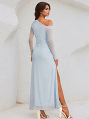 Sky Blue Chiffon One Shoulder Long Sleeves Ankle Length Dress With High Slit