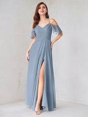 A Line Dusty Blue Chiffon Spaghetti Straps Short Sleeves Floor Length Dress With High Slit