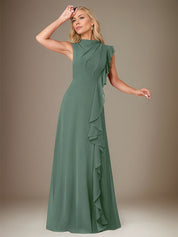 Eucalyptus A Line Chiffon High Neck Sleeveless Floor Length Dress With Cascading Ruffles