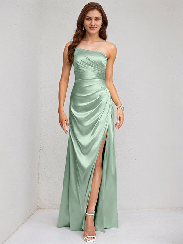 Dreamylily Women Agave Satin A Line One Shoulder Sleeveless Floor Length Bridesmaid  Dress