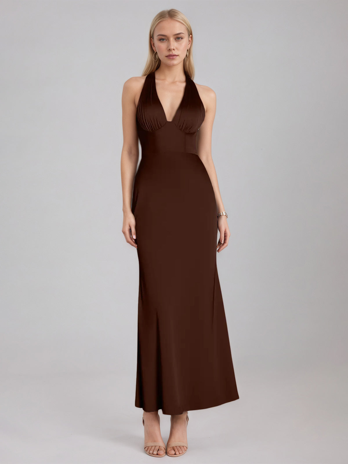 Moca Coco Sheath/Column Satin Halter Neck Sleeveless Ankle Length Dress