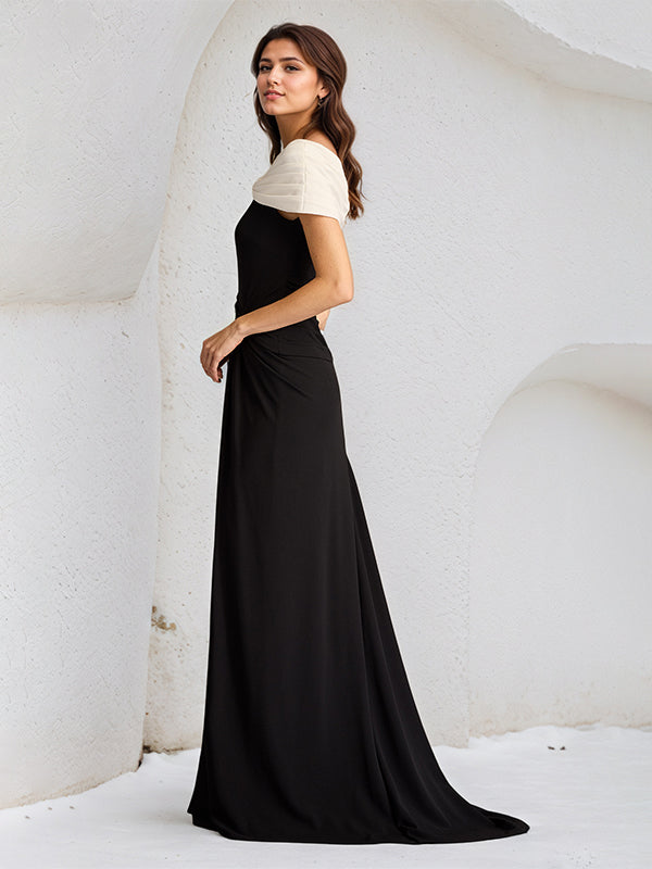Black Sheath/Column Asymmetrical Neckline Sleeveless Chiffon Dress With High Slit