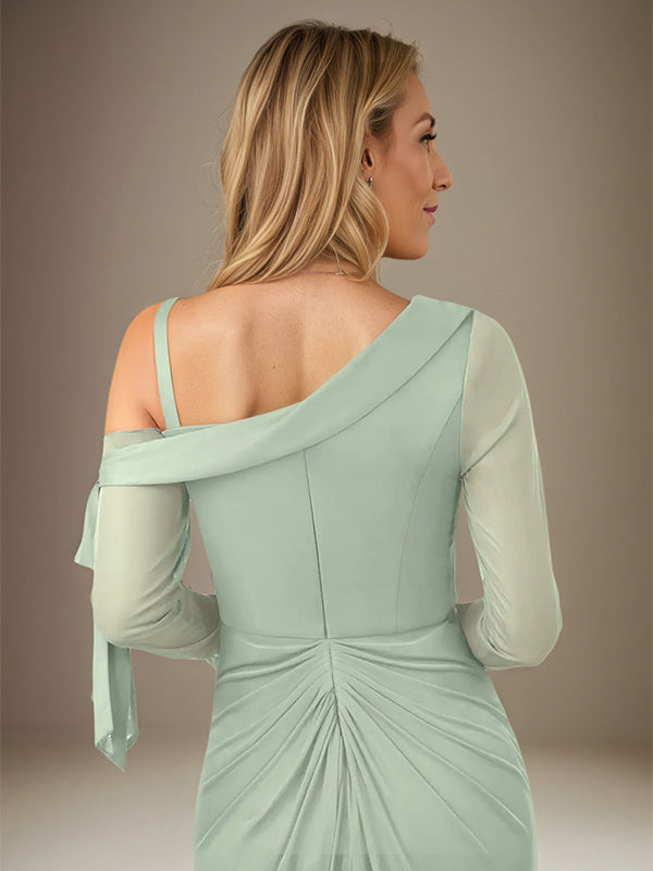 Sage Sheath/Column Chiffon One Shoulder Long Sleeves Floor Length Dress With Slit