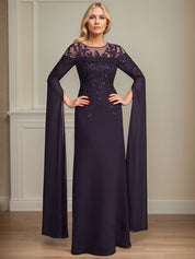 Sheath/Column Scoop 1/2 Sleeve Floor-Length Lace Chiffon Mother of the Bride Dress With Sequins