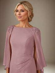 Mauve Sheath/Column Chiffon Bateau Neck Cape Sleeves Knee Length Dress