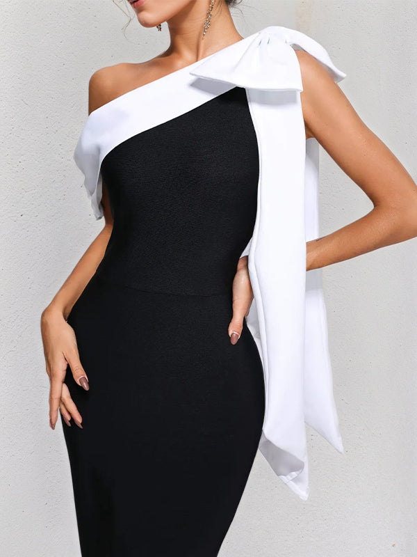 Black Stretch Crepe One Shoulder Sleeveless Tea Length Dress With White Bow