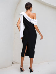 Black Stretch Crepe One Shoulder Sleeveless Tea Length Dress With White Bow