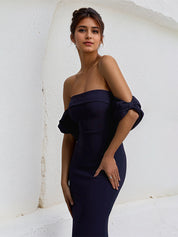 Navy Chiffon Strapless Floor Lenght Sheath Dress with Bow Sleeves