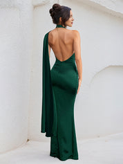 Green Satin Halter Neck Sleeveless Open Back Floor Length Dress