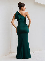 Green Satin One Shoulder Floor Length Formal Party Dress with Bow