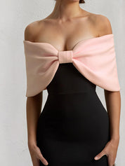 Pink&Black Chiffon Off the Shoulder Ankle Length Formal Party Dress with Oversized Bow