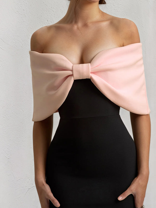 Pink&Black Chiffon Off the Shoulder Ankle Length Formal Party Dress with Oversized Bow