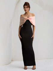 Pink&Black Chiffon Off the Shoulder Ankle Length Formal Party Dress with Oversized Bow