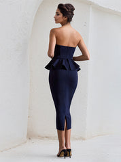 Navy Chiffon Strapless Sleeveless Tea Length Dress with Peplum Detail