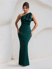Green Satin One Shoulder Floor Length Formal Party Dress with Bow