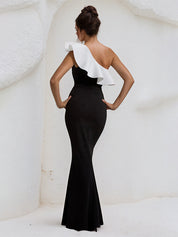 Black&White One Shoulder Floor Length Ruffled Formal Party Dress
